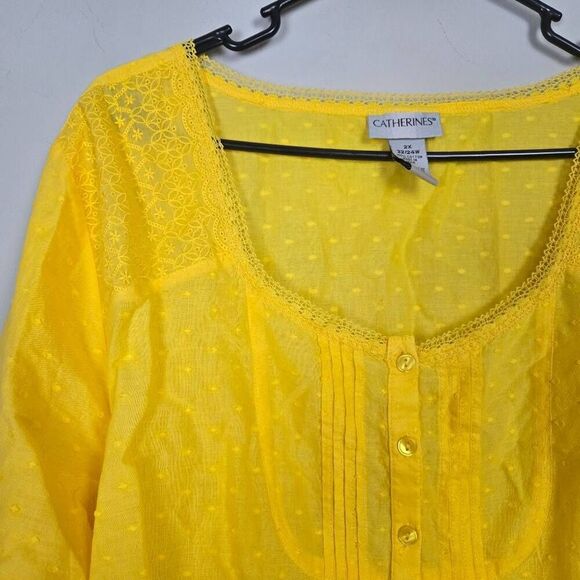 Catherines Womens Embroidered Semi Sheer Tunic Top Sz 2X Yellow Boho Peasant NWT - Picture 3 of 7
